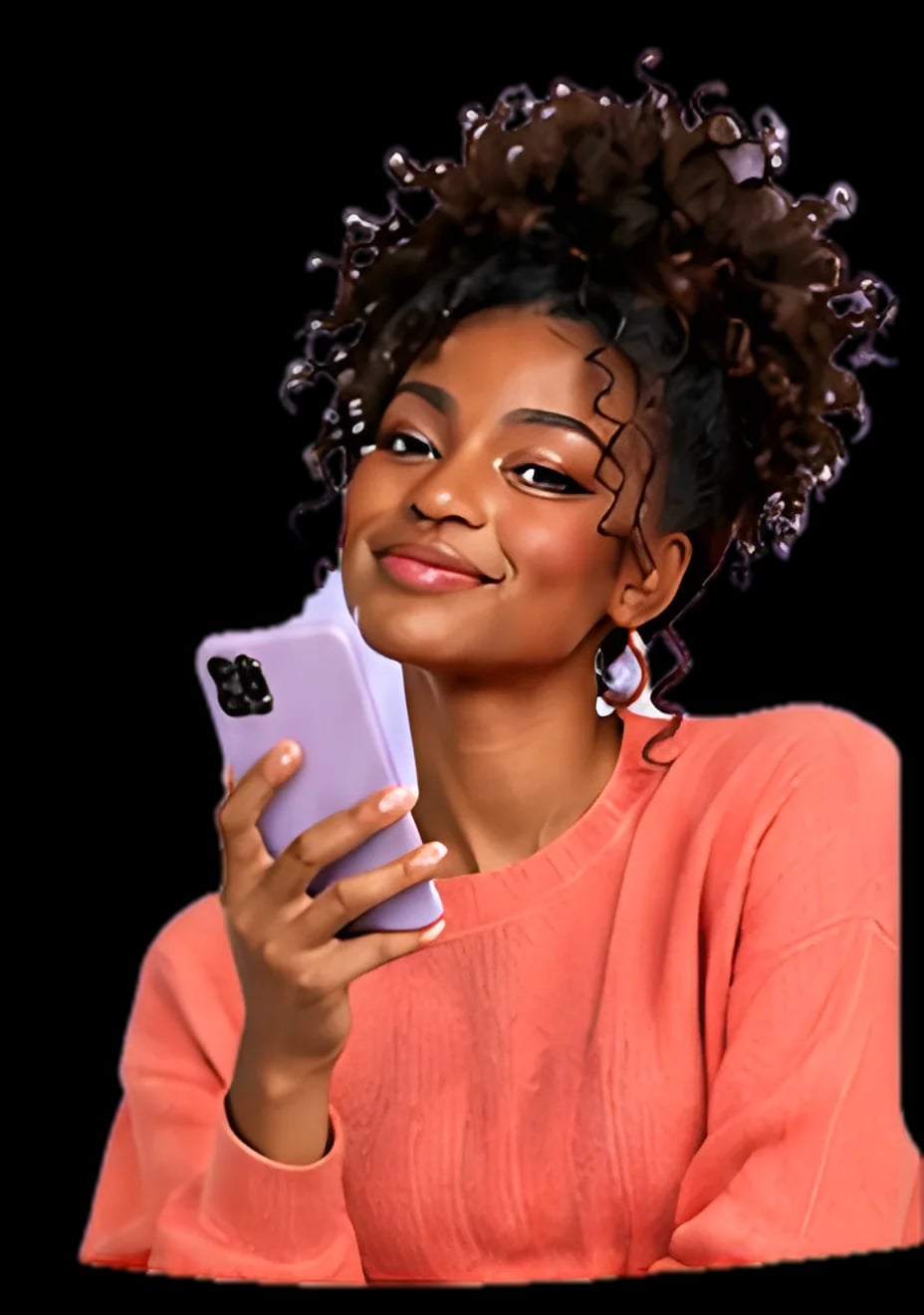 Criadora negra sorrindo e segurando o celular.