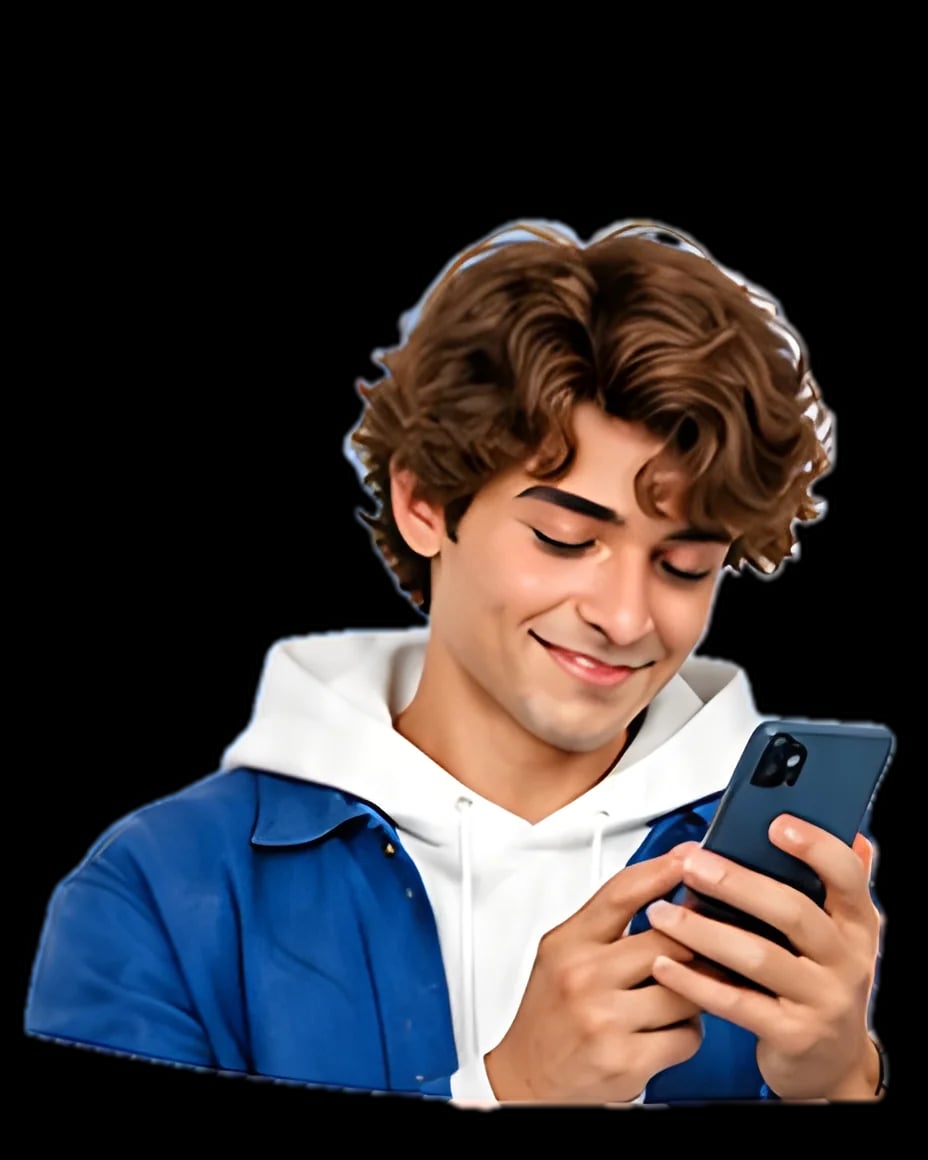 Criador sorrindo enquanto olha o celular.