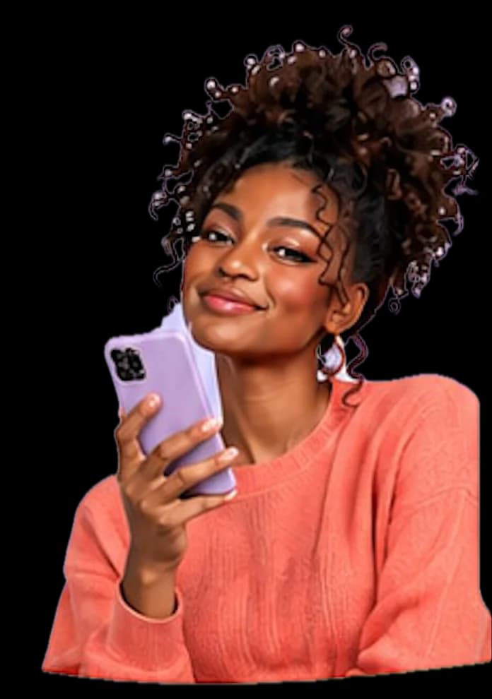 Criadora negra sorrindo e segurando o celular.