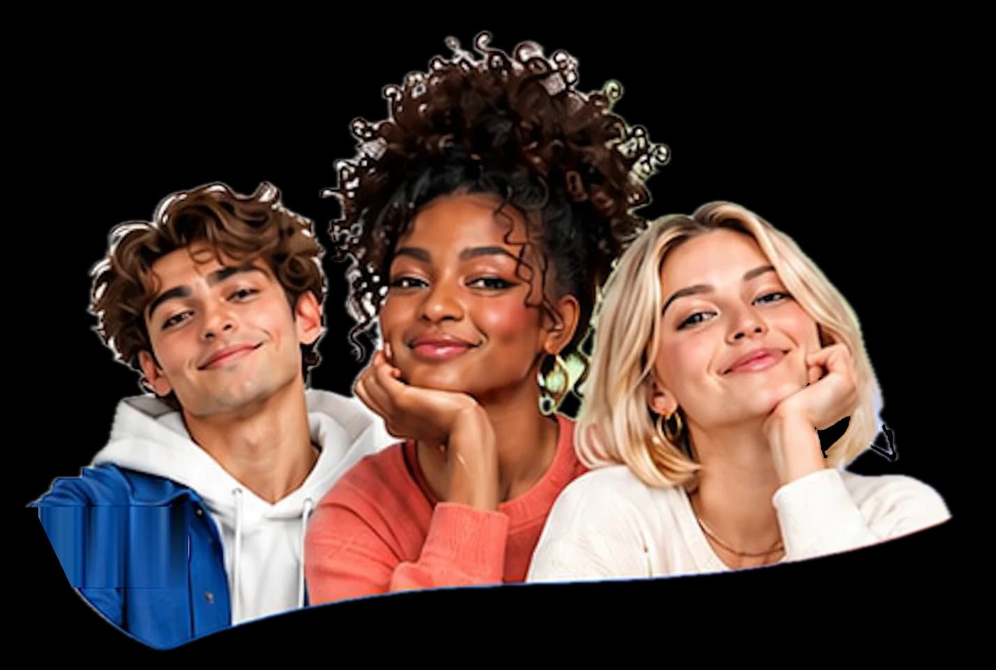 Três criadores UGC sorrindo, de mão no queixo.